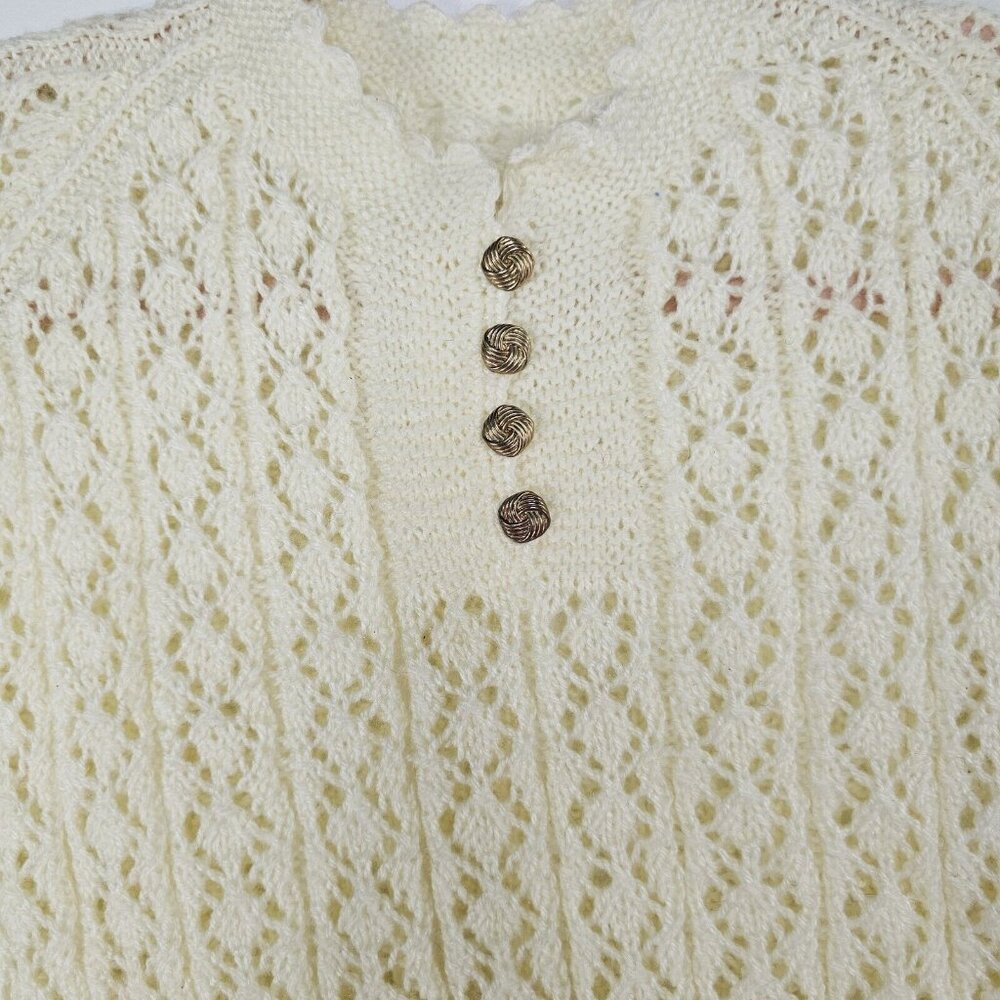 Vintage 70s Handmade Womens Sweater S M Ivory Retro Cottage Eyelet Granny Boho - Picture 4 of 7